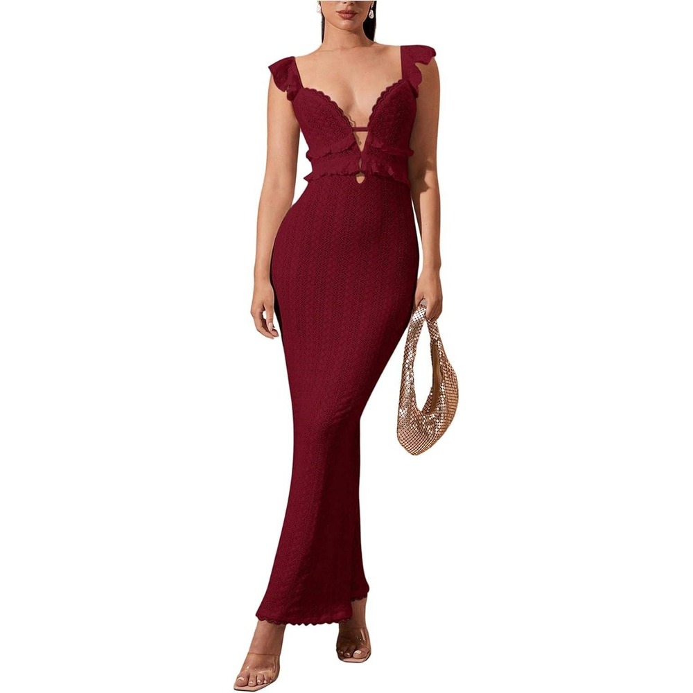 Red Lace Column Maxi Dress Cutout Peplum Ruffled Sleeves Romantic Feminine Sz L - Picture 1 of 9